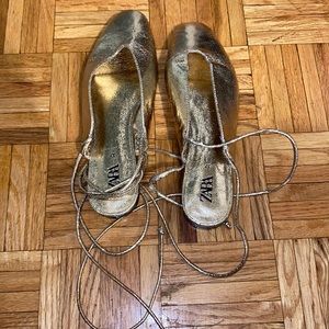 Gold Zara open back strapped ballerina sandals, worn once.